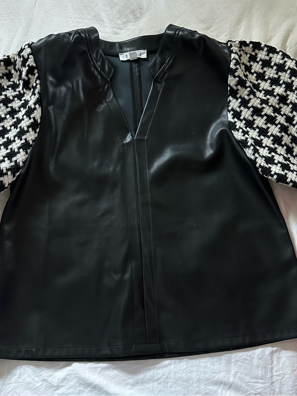 Black Faux Leather top with Black & White Houndstooth Sleeves